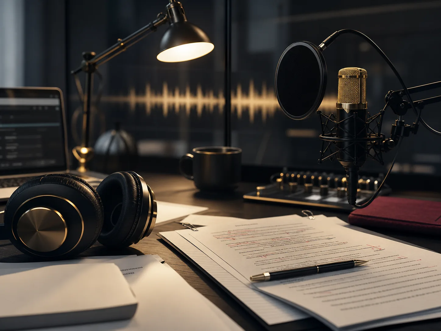 Human-edited interview transcription workspace with audio equipment and transcript pages